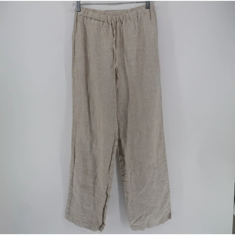 Reformation Olina Linen Pants Oatmeal Beige Drawstring Straight Leg XS